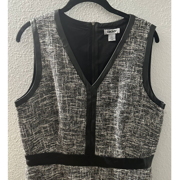 DKNY Women's Black Gray Tweed faux Leather Trim Mini Dress Size 12 - Picture 5 of 7